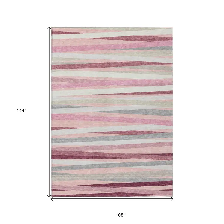 9' X 12' Pink Ivory And Gray Striped Washable Indoor Outdoor Area Rug