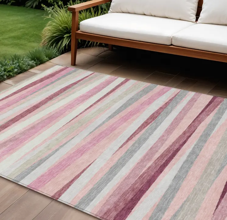 9' X 12' Pink Ivory And Gray Striped Washable Indoor Outdoor Area Rug