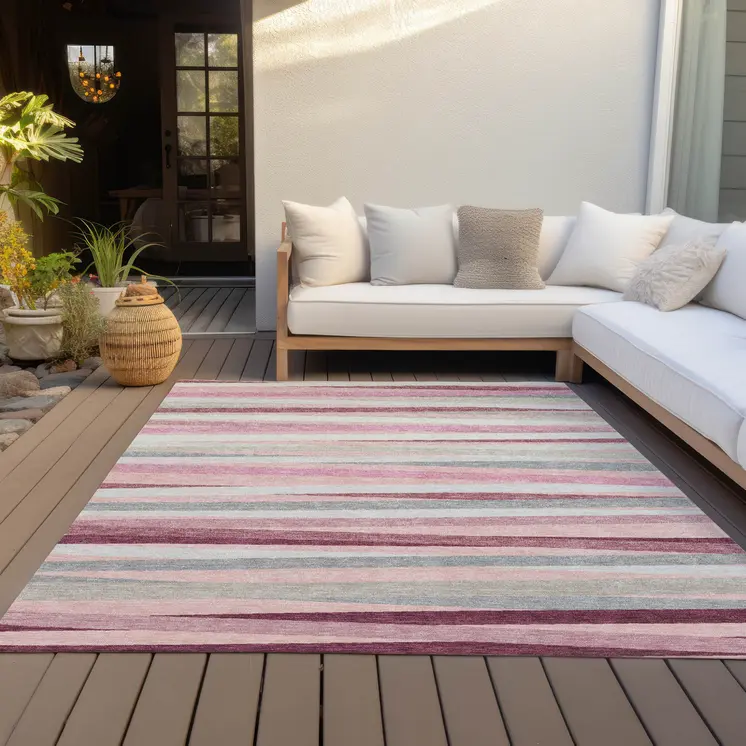 9' X 12' Pink Ivory And Gray Striped Washable Indoor Outdoor Area Rug