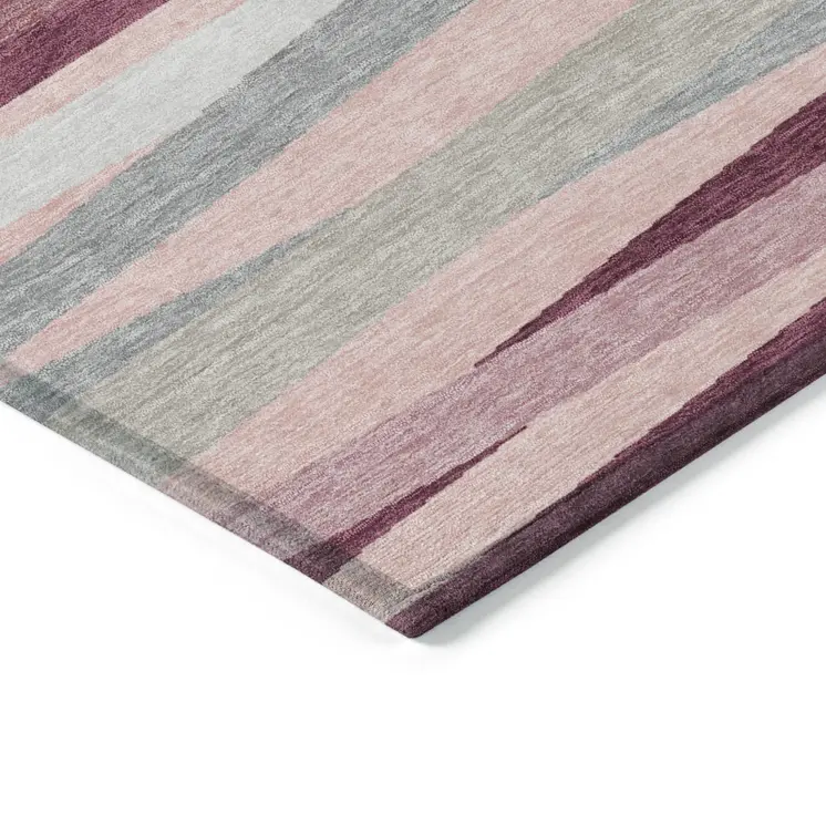 9' X 12' Pink Ivory And Gray Striped Washable Indoor Outdoor Area Rug