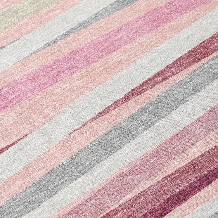 9' X 12' Pink Ivory And Gray Striped Washable Indoor Outdoor Area Rug