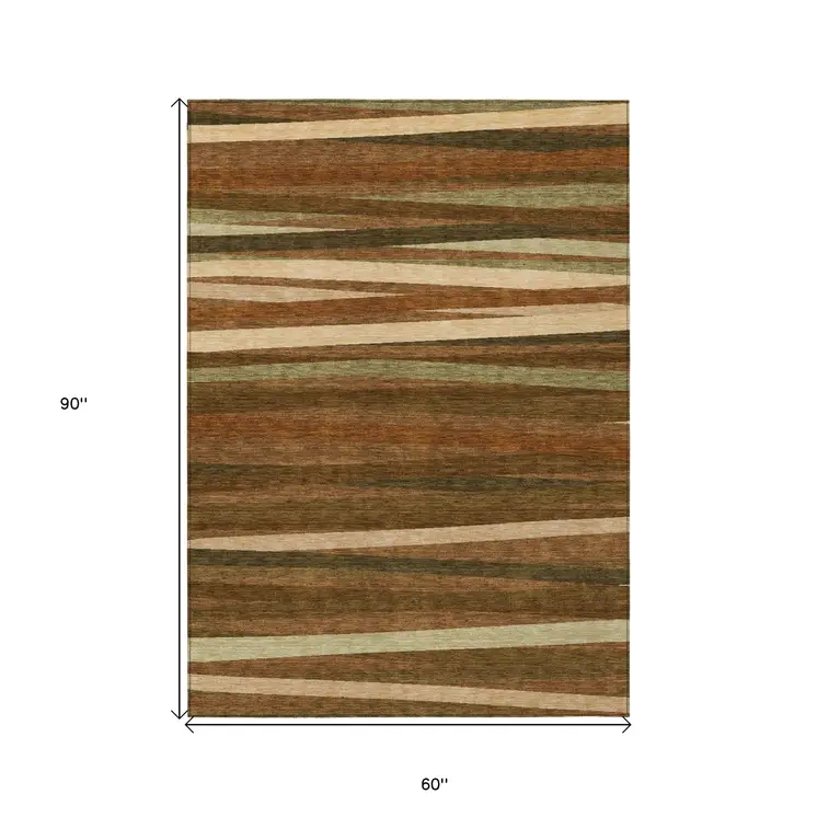 5' X 8' Brown Copper And Beige Striped Washable Indoor Outdoor Area Rug
