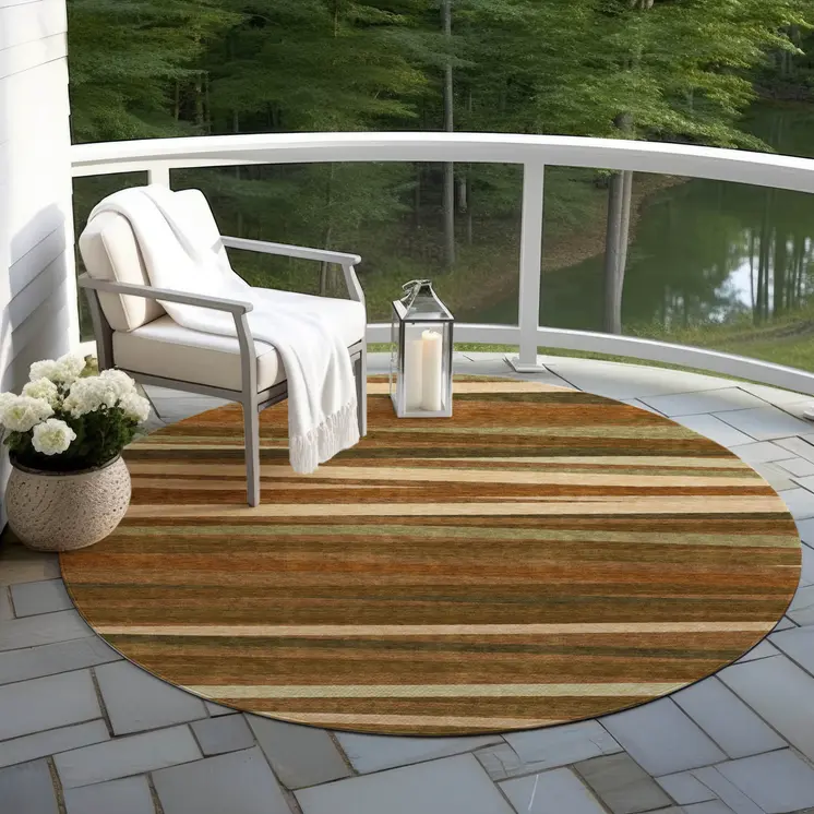 8' Brown Copper And Beige Round Striped Washable Indoor Outdoor Area Rug