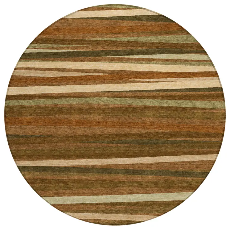 8' Brown Copper And Beige Round Striped Washable Indoor Outdoor Area Rug