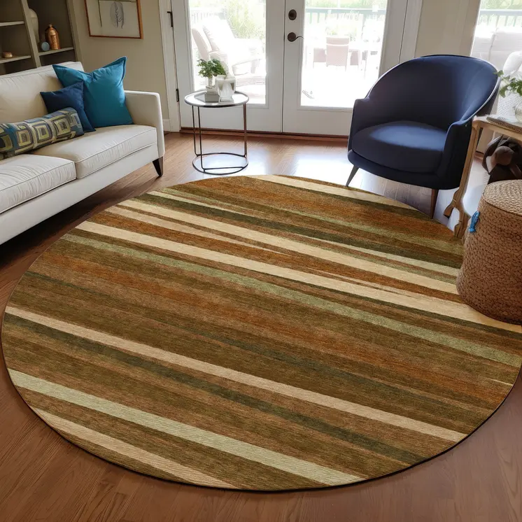 8' Brown Copper And Beige Round Striped Washable Indoor Outdoor Area Rug
