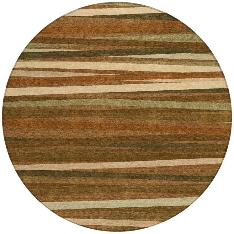 8' Brown Copper And Beige Round Striped Washable Indoor Outdoor Area Rug