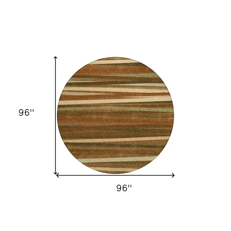 8' Brown Copper And Beige Round Striped Washable Indoor Outdoor Area Rug