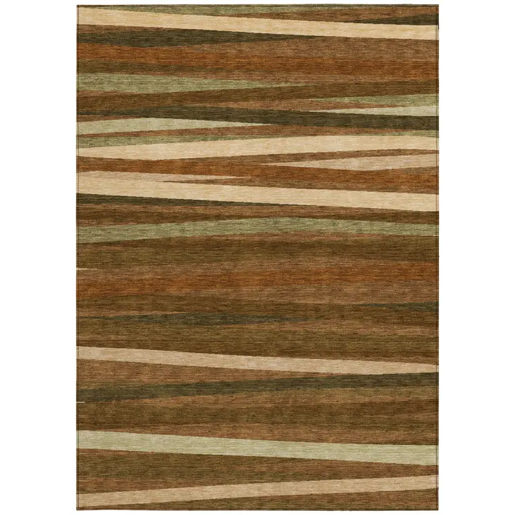 8' X 10' Brown Copper And Beige Striped Washable Indoor Outdoor Area Rug