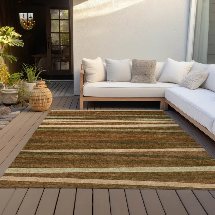 8' X 10' Brown Copper And Beige Striped Washable Indoor Outdoor Area Rug
