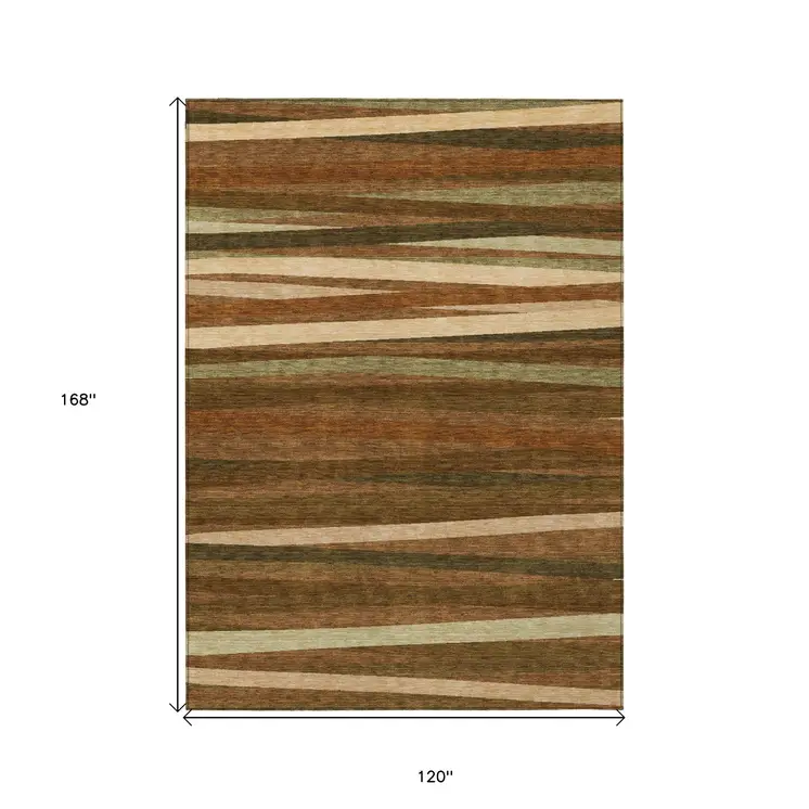 10' X 14' Brown Copper And Beige Striped Washable Indoor Outdoor Area Rug