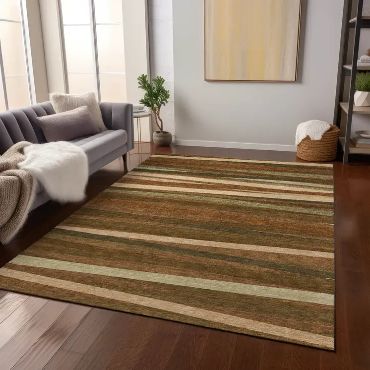 10' X 14' Brown Copper And Beige Striped Washable Indoor Outdoor Area Rug
