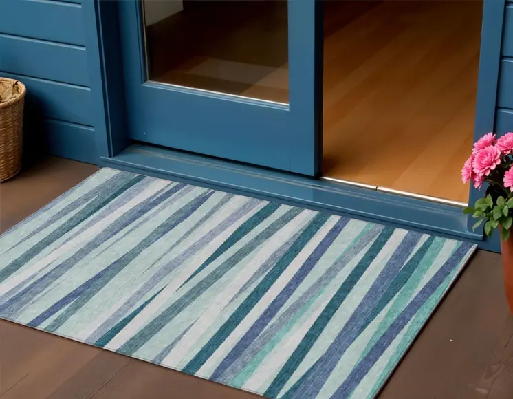 3' X 5' Teal Blue Gray And Ivory Striped Washable Indoor Outdoor Area Rug