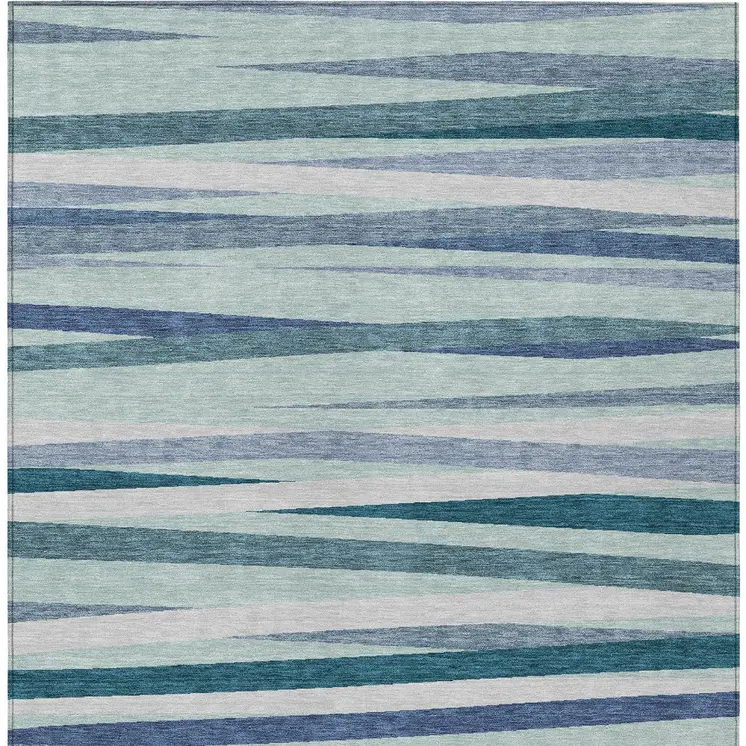 5' X 8' Teal Blue Gray And Ivory Striped Washable Indoor Outdoor Area Rug
