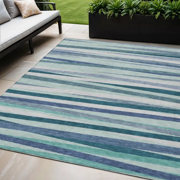 5' X 8' Teal Blue Gray And Ivory Striped Washable Indoor Outdoor Area Rug