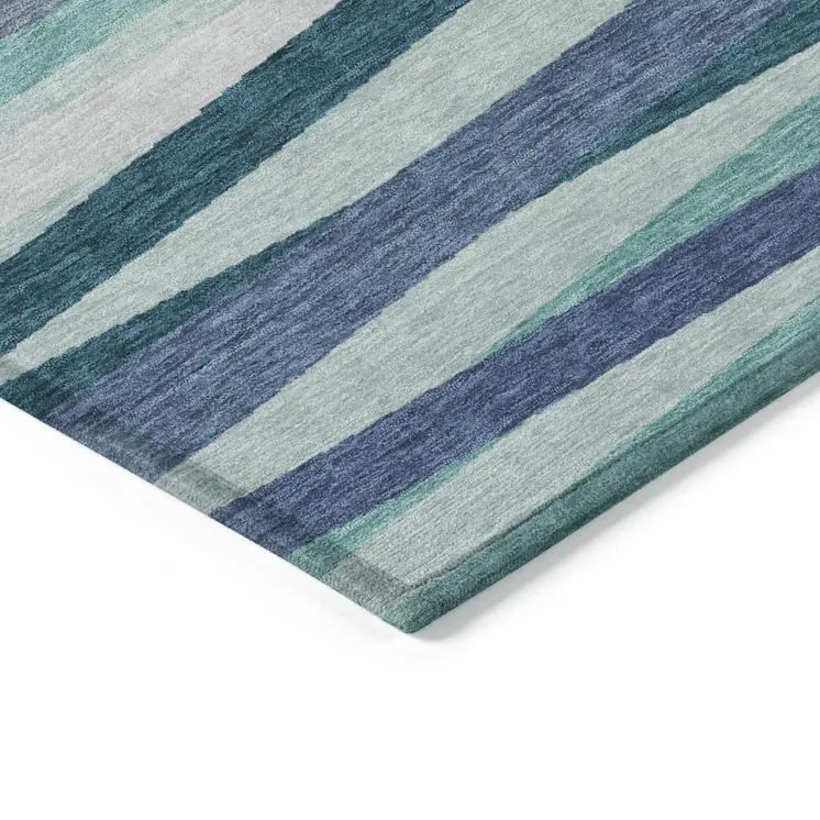5' X 8' Teal Blue Gray And Ivory Striped Washable Indoor Outdoor Area Rug