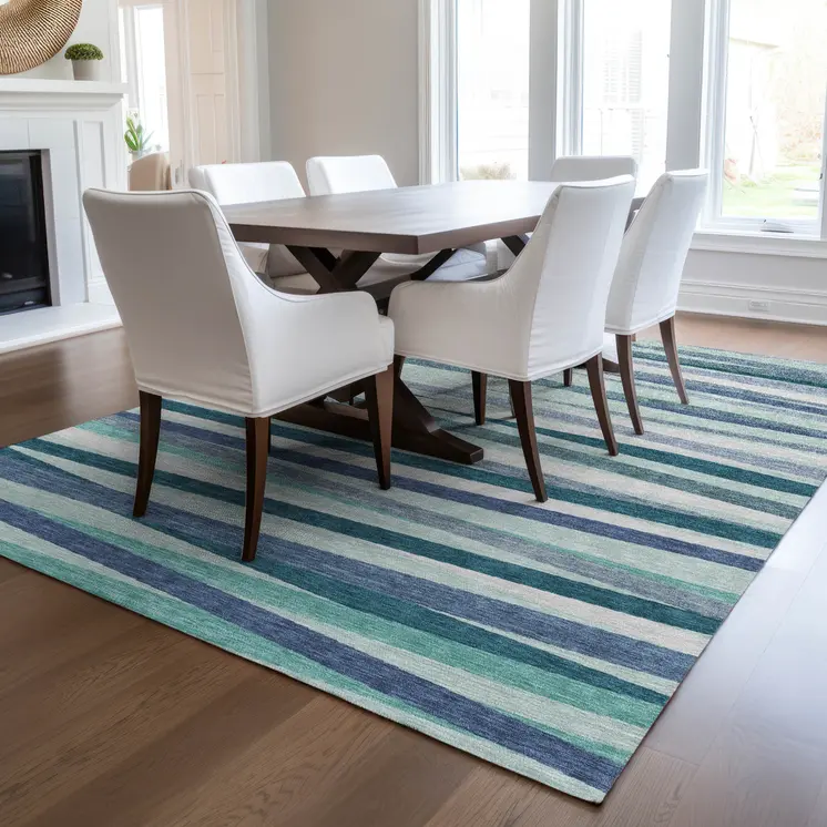 5' X 8' Teal Blue Gray And Ivory Striped Washable Indoor Outdoor Area Rug