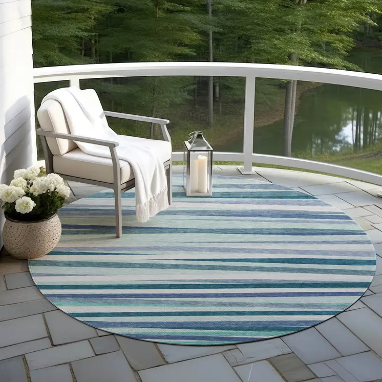 8' Teal Blue Gray And Ivory Round Striped Washable Indoor Outdoor Area Rug