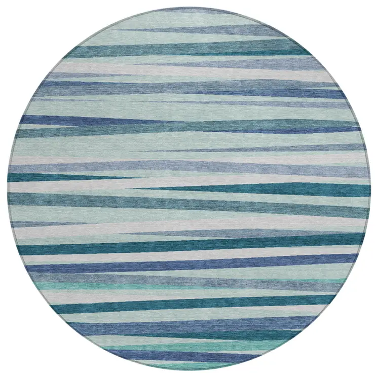 8' Teal Blue Gray And Ivory Round Striped Washable Indoor Outdoor Area Rug