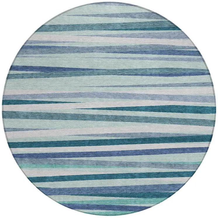 8' Teal Blue Gray And Ivory Round Striped Washable Indoor Outdoor Area Rug