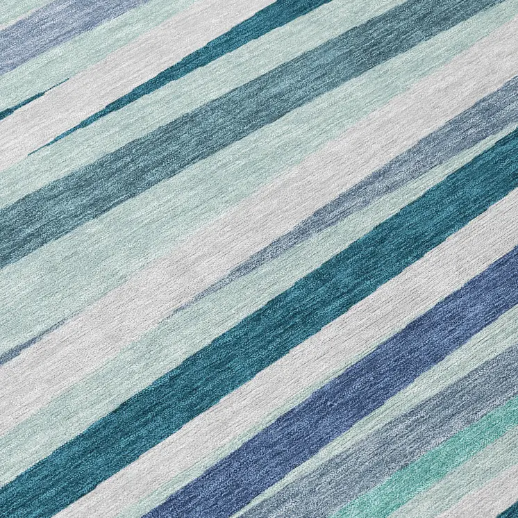 8' Teal Blue Gray And Ivory Round Striped Washable Indoor Outdoor Area Rug