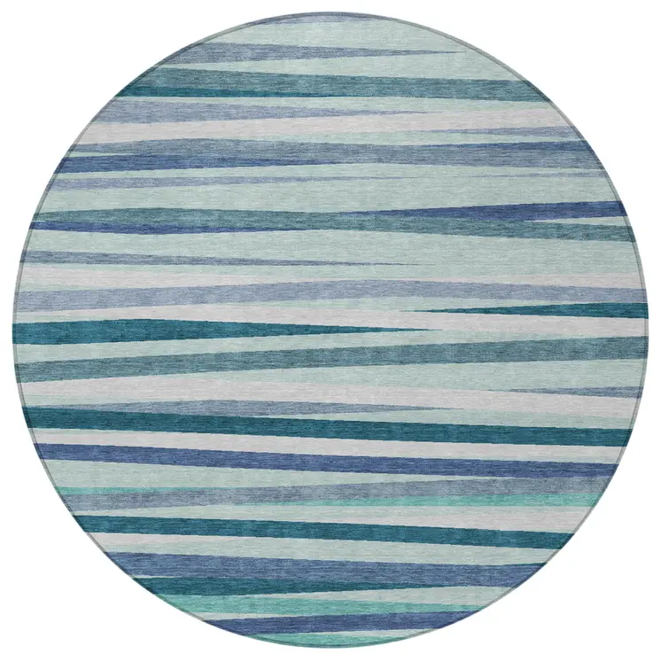 8' Teal Blue Gray And Ivory Round Striped Washable Indoor Outdoor Area Rug
