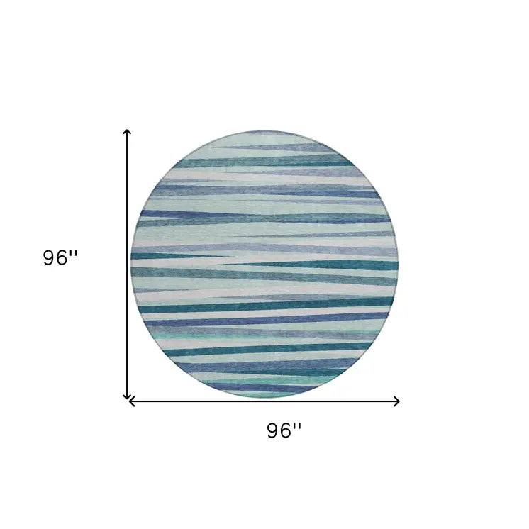 8' Teal Blue Gray And Ivory Round Striped Washable Indoor Outdoor Area Rug