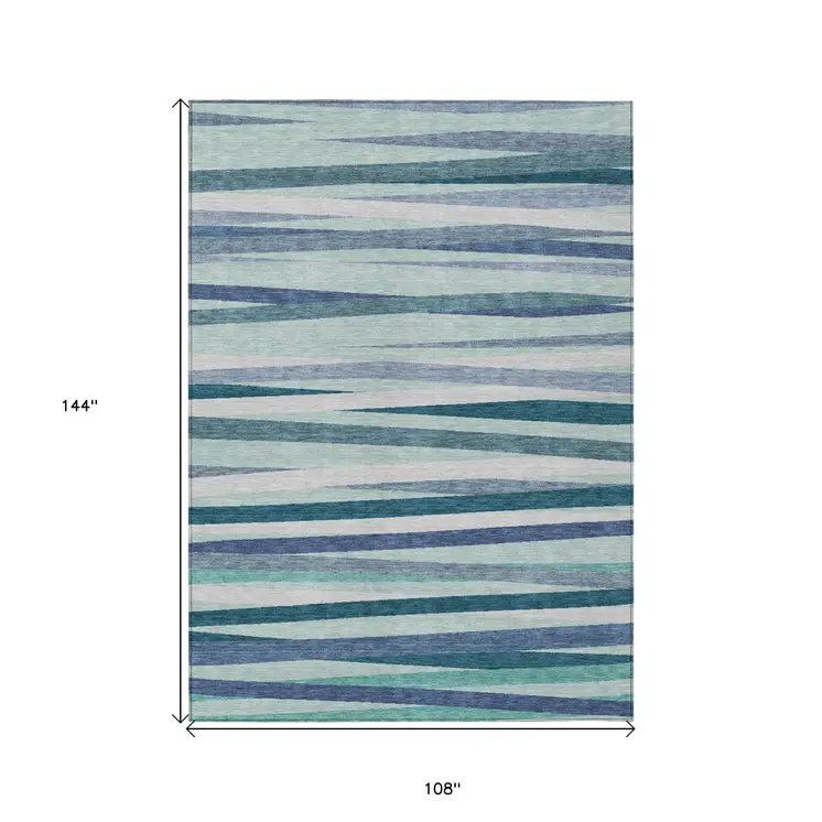 9' X 12' Teal Blue Gray And Ivory Striped Washable Indoor Outdoor Area Rug