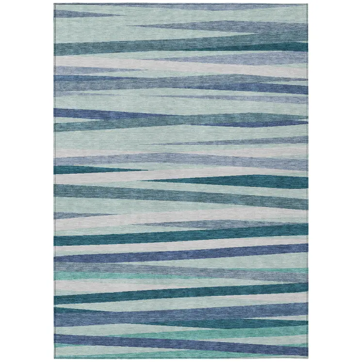 10' X 14' Teal Blue Gray And Ivory Striped Washable Indoor Outdoor Area Rug