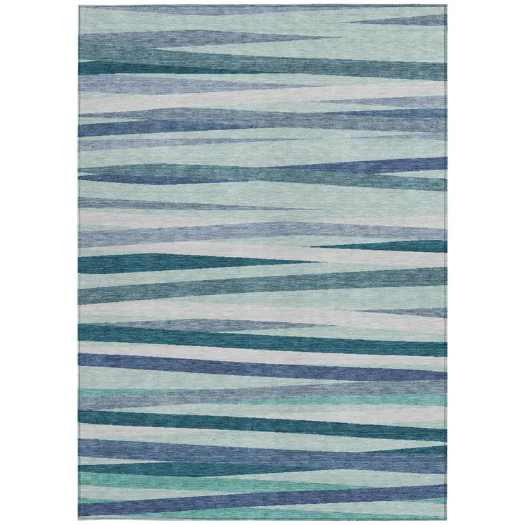 10' X 14' Teal Blue Gray And Ivory Striped Washable Indoor Outdoor Area Rug