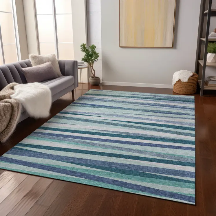 10' X 14' Teal Blue Gray And Ivory Striped Washable Indoor Outdoor Area Rug