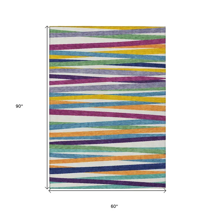 5' X 8' Blue Striped Washable Indoor Outdoor Area Rug