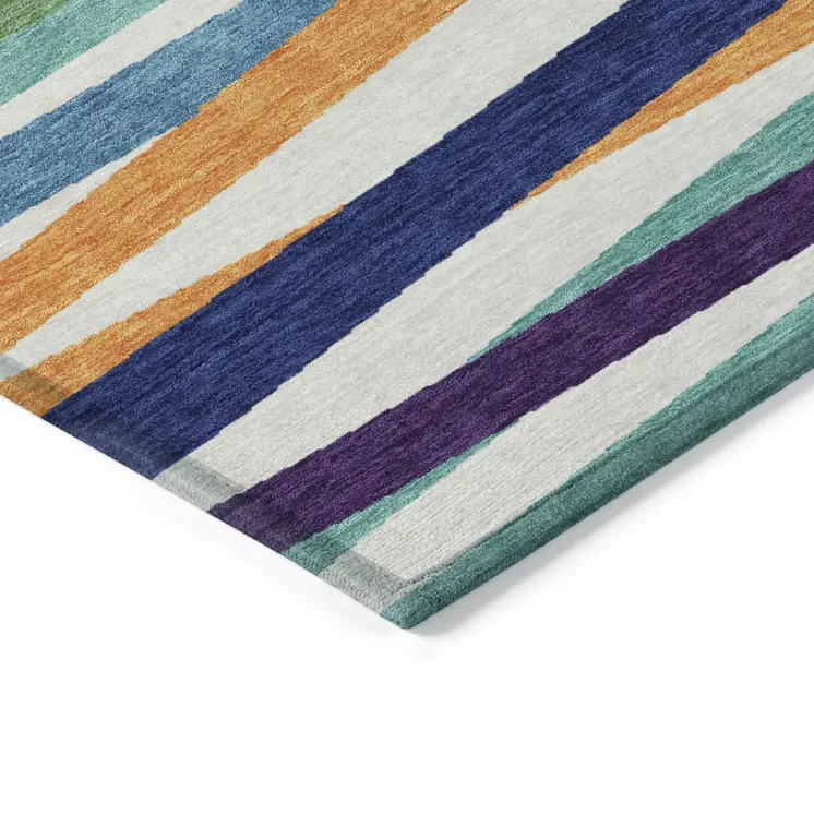 5' X 8' Blue Striped Washable Indoor Outdoor Area Rug