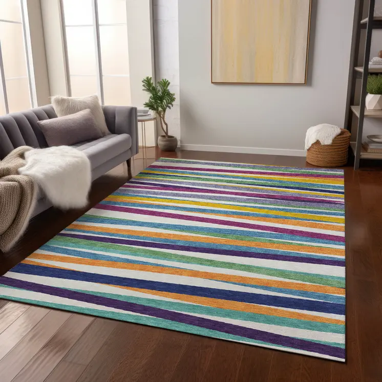 5' X 8' Blue Striped Washable Indoor Outdoor Area Rug