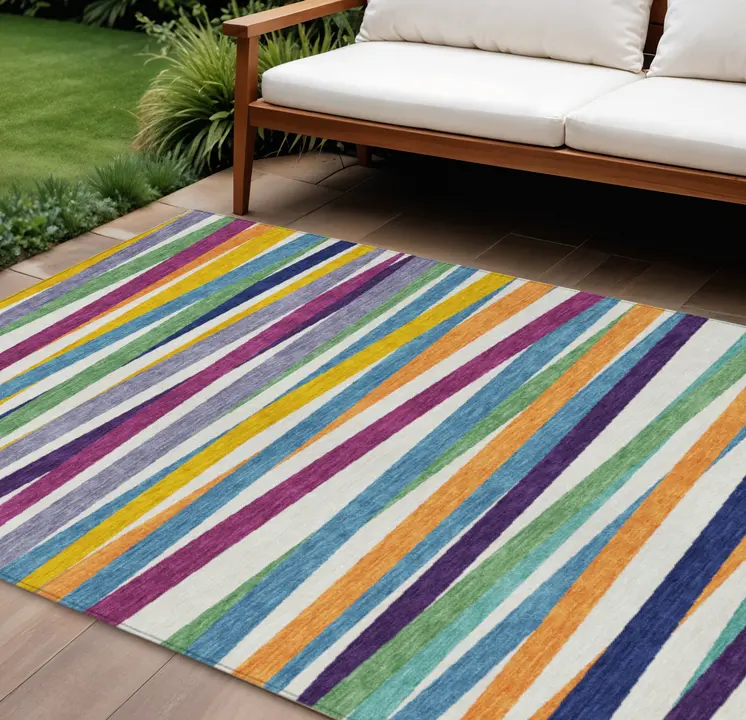 9' X 12' Blue Striped Washable Indoor Outdoor Area Rug