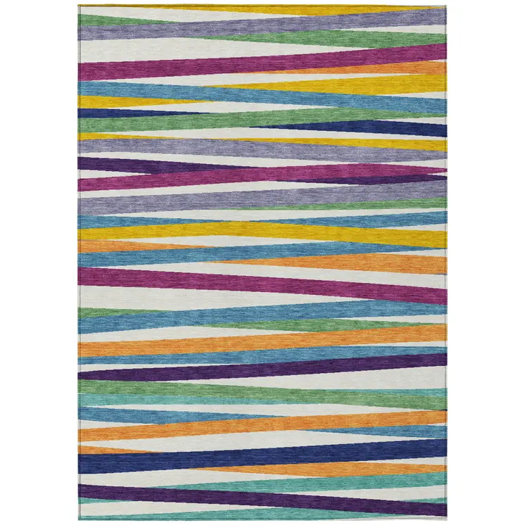 10' X 14' Blue Striped Washable Indoor Outdoor Area Rug
