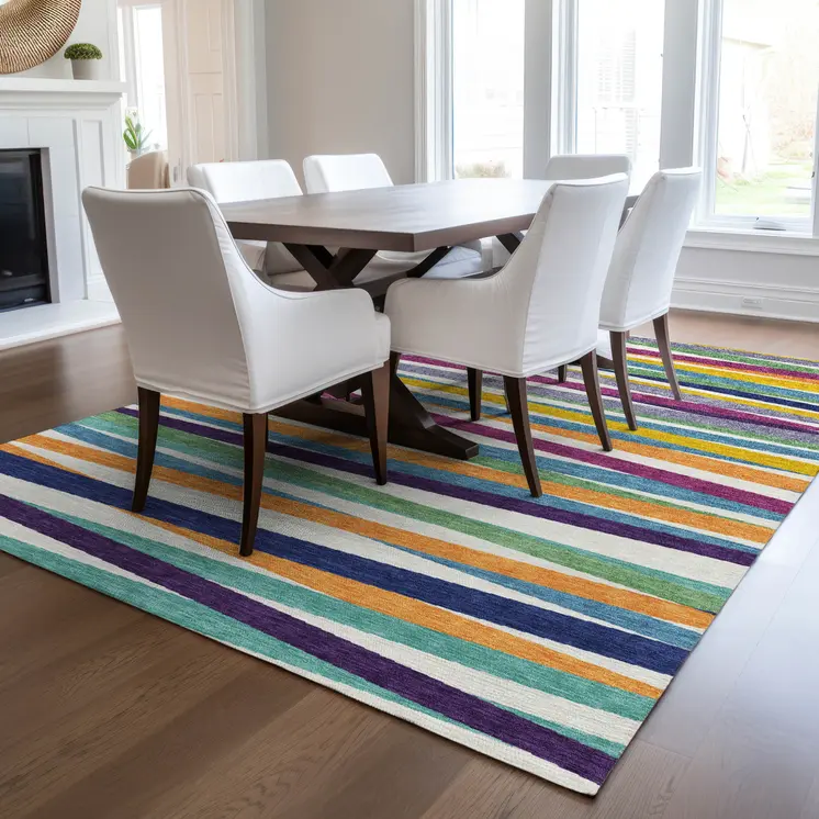 10' X 14' Blue Striped Washable Indoor Outdoor Area Rug
