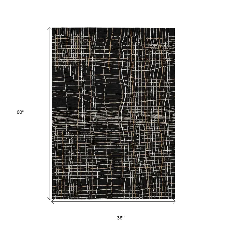 3' X 5' Black Ivory And Brown Striped Washable Indoor Outdoor Area Rug