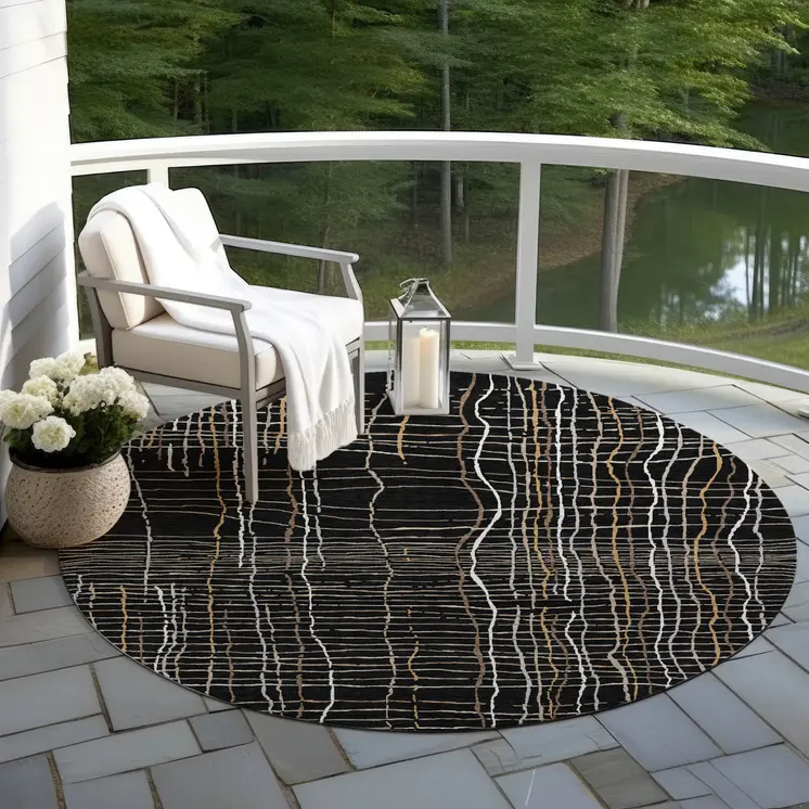 8' Black Ivory And Brown Round Striped Washable Indoor Outdoor Area Rug