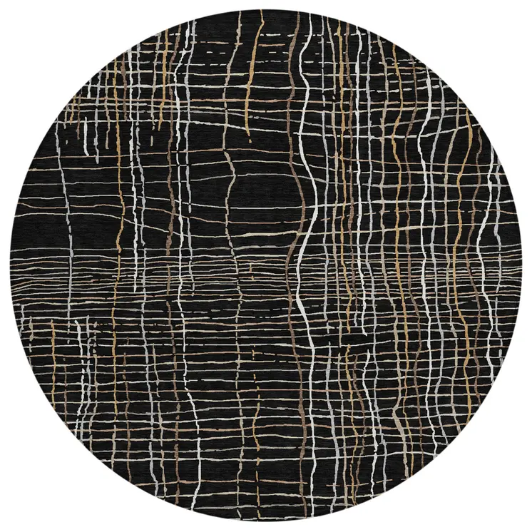 8' Black Ivory And Brown Round Striped Washable Indoor Outdoor Area Rug