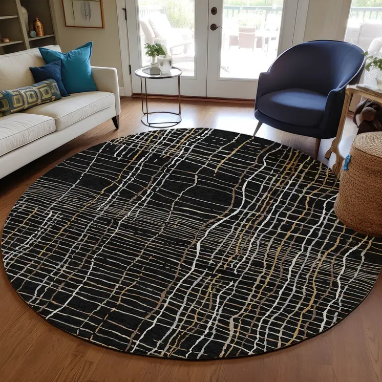 8' Black Ivory And Brown Round Striped Washable Indoor Outdoor Area Rug