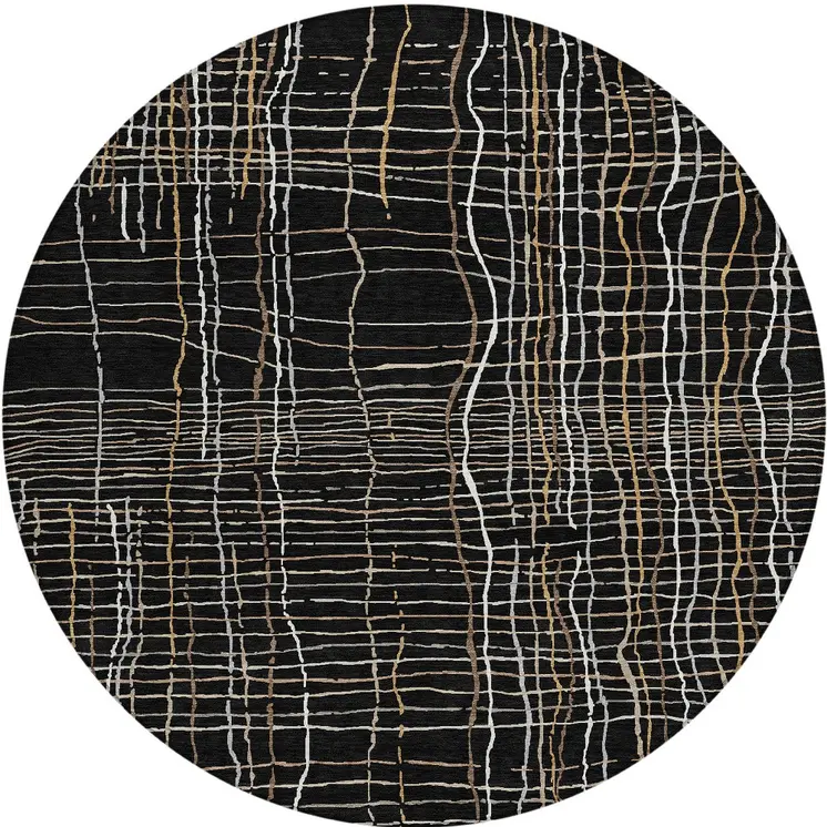 8' Black Ivory And Brown Round Striped Washable Indoor Outdoor Area Rug