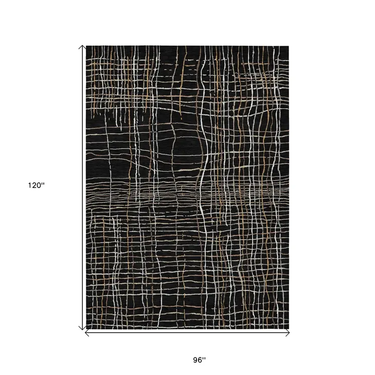 8' X 10' Black Ivory And Brown Striped Washable Indoor Outdoor Area Rug