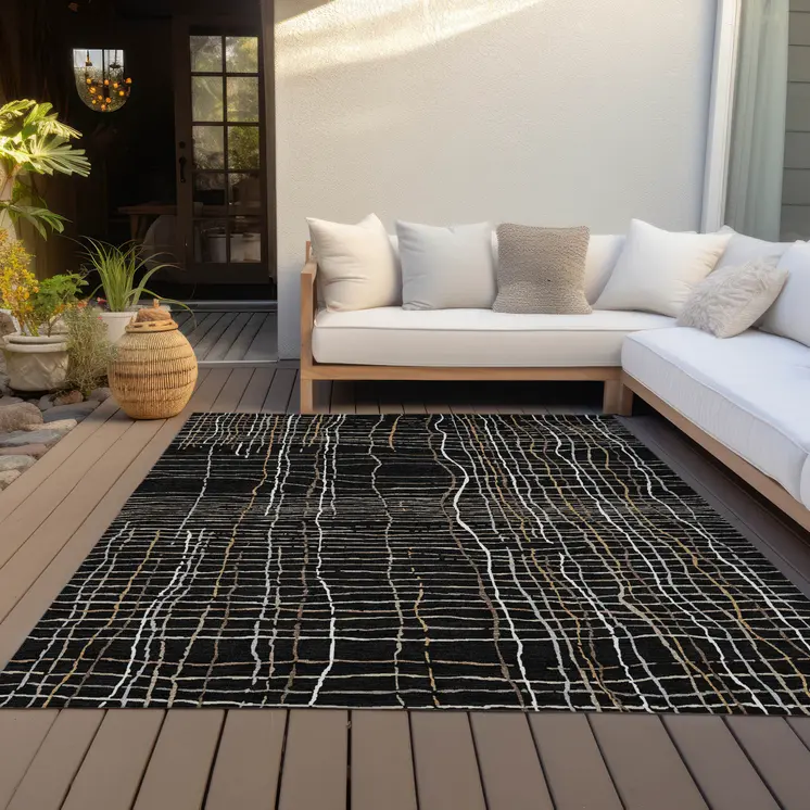8' X 10' Black Ivory And Brown Striped Washable Indoor Outdoor Area Rug