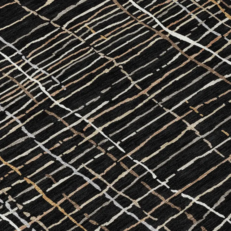8' X 10' Black Ivory And Brown Striped Washable Indoor Outdoor Area Rug