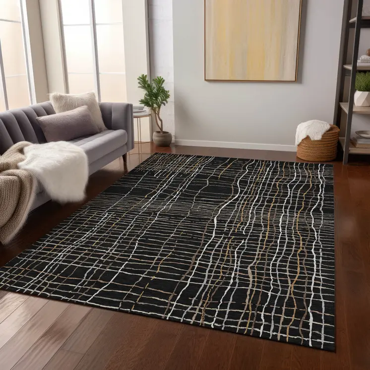 8' X 10' Black Ivory And Brown Striped Washable Indoor Outdoor Area Rug