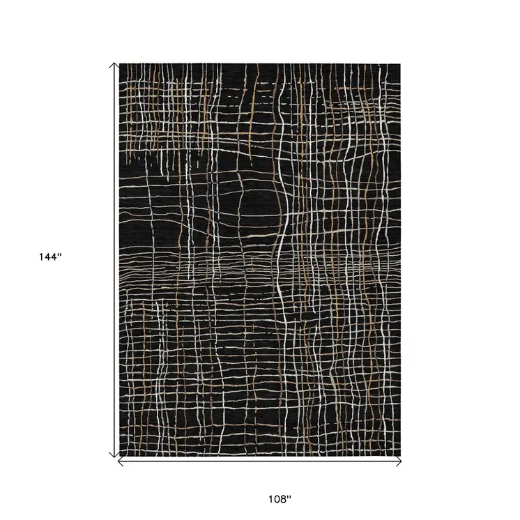 9' X 12' Black Ivory And Brown Striped Washable Indoor Outdoor Area Rug