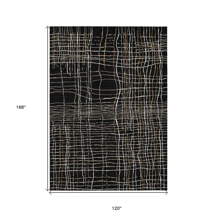 10' X 14' Black Ivory And Brown Striped Washable Indoor Outdoor Area Rug