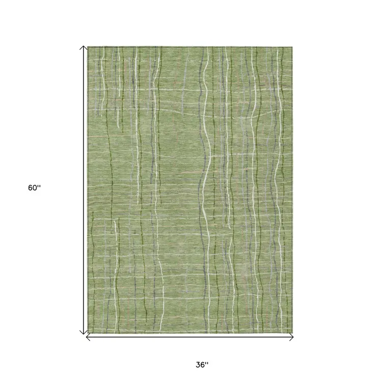 3' X 5' Green Ivory And Gray Striped Washable Indoor Outdoor Area Rug