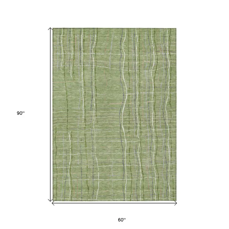 5' X 8' Green Ivory And Gray Striped Washable Indoor Outdoor Area Rug