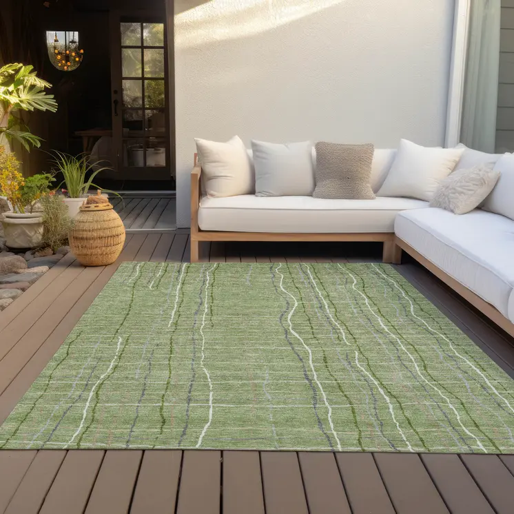 5' X 8' Green Ivory And Gray Striped Washable Indoor Outdoor Area Rug
